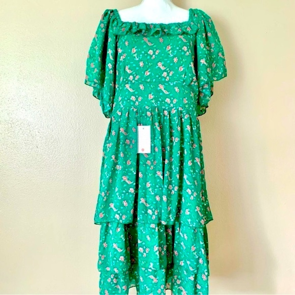 Ivy City Co Green Pink Tan Floral Smocked Tiered Flutter Sleeve Dress.